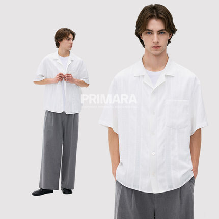 PRIMARA【肌理感古巴领衬衫】莱赛尔宽松休闲上衣短袖外套男夏季
