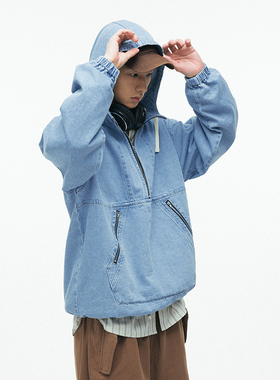 BENPANDA熊猫本 春秋半开领休闲工装夹克水洗牛仔外套连帽男套头