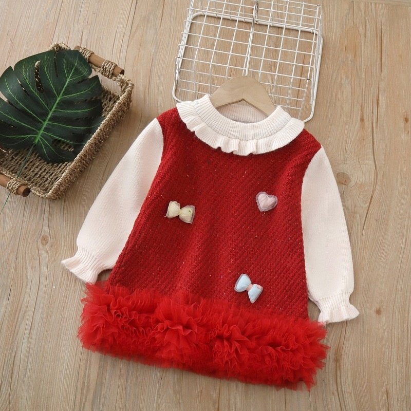 女童红色毛衣裙2025秋冬新款甜美蝴蝶结网纱边粉色秋冬加绒针织裙,童装/婴儿装/亲子装,毛衣/针织衫,淘宝优惠券,粉丝福利购,淘宝优惠卷