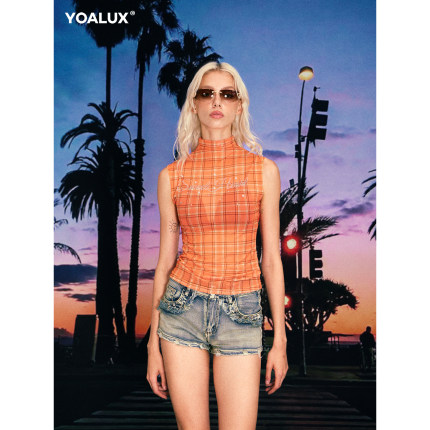 YOALUX「甜心宝贝」美式复古格纹网纱无袖T恤个性辣妹修身上衣女