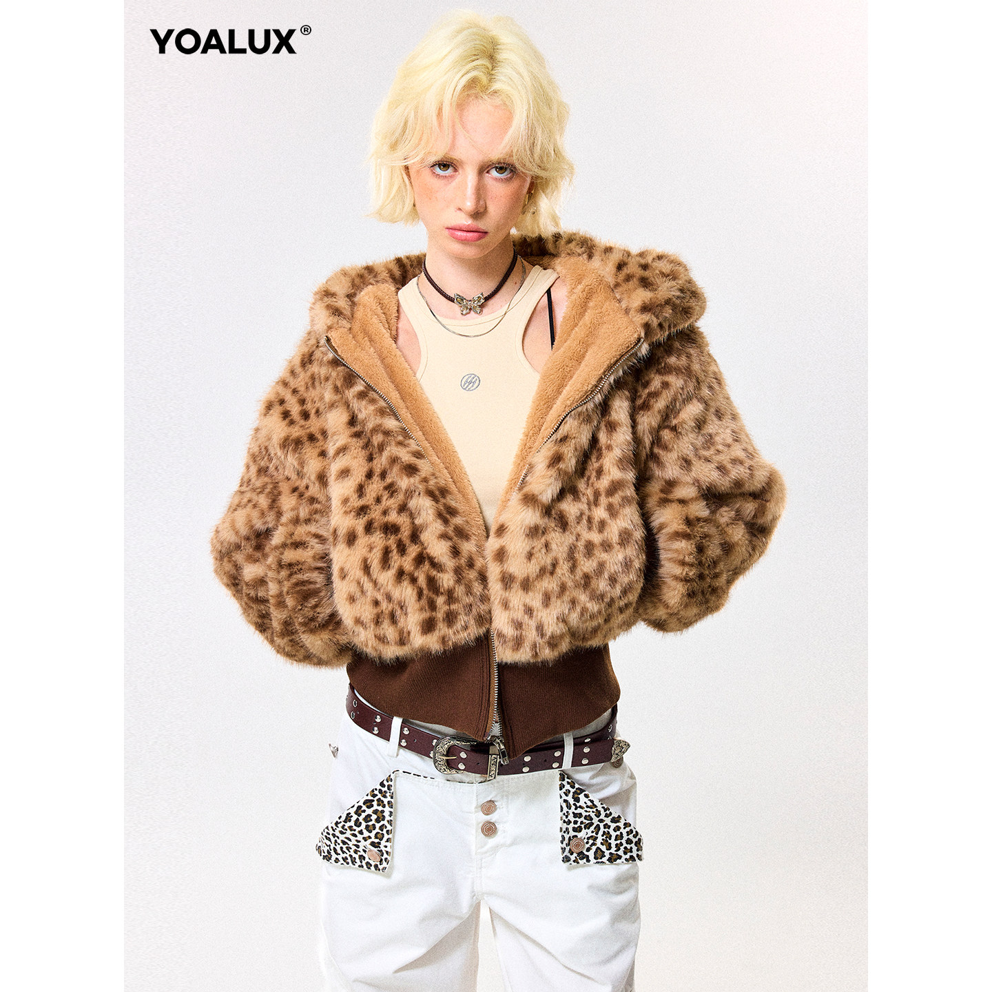 YOALUX美式复古豹纹毛绒环保皮草连帽外套女冬季宽松加厚保暖外套