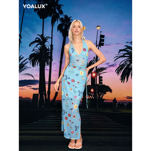 YOALUX海岛度假性感辣妹挂脖印花露背吊带开叉包臀修身 长裙套装