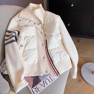 2025冬季棉服新款法式设计感小众拼接针织短款白色羽绒服保暖外套