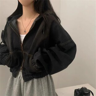韩国chic春秋新款复古宽松休闲双拉链长袖百搭连帽短款牛仔外套女
