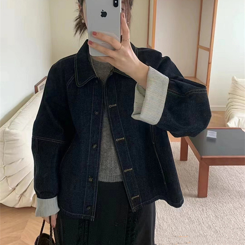 甜美常规款牛仔拼接条纹上衣