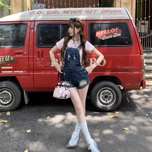 牛仔背带短裤女夏薄款宽松可爱学生减龄小个子显瘦直筒吊带连体裤