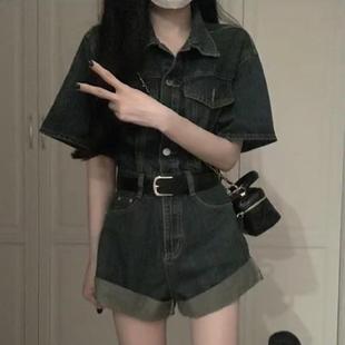 港风卷边短裤 复古收腰显瘦阔腿裤 甜酷牛仔连体裤 女夏季 连衣裤 套装