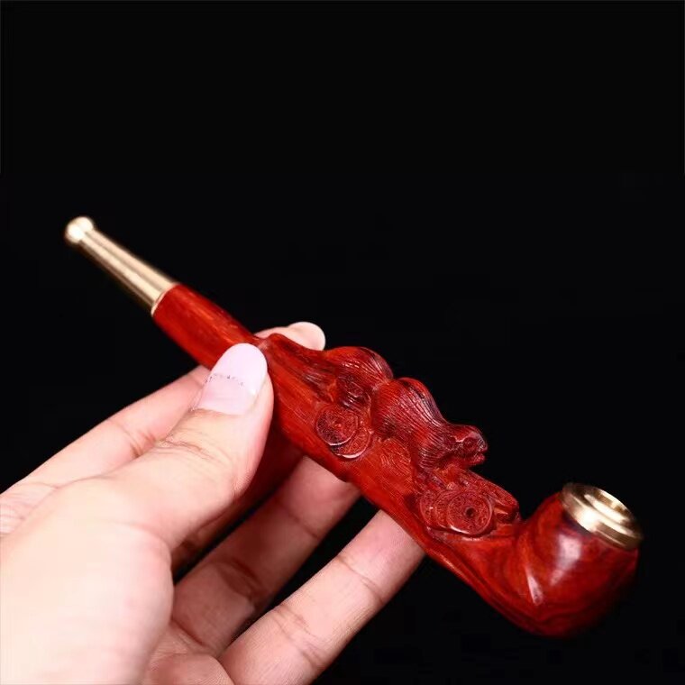 小叶紫檀木雕烟嘴夜夜数钱手把件木质文玩男士随身红木把玩手件