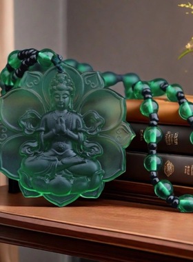 仿青玉绿度母古法琉璃佛牌吊坠