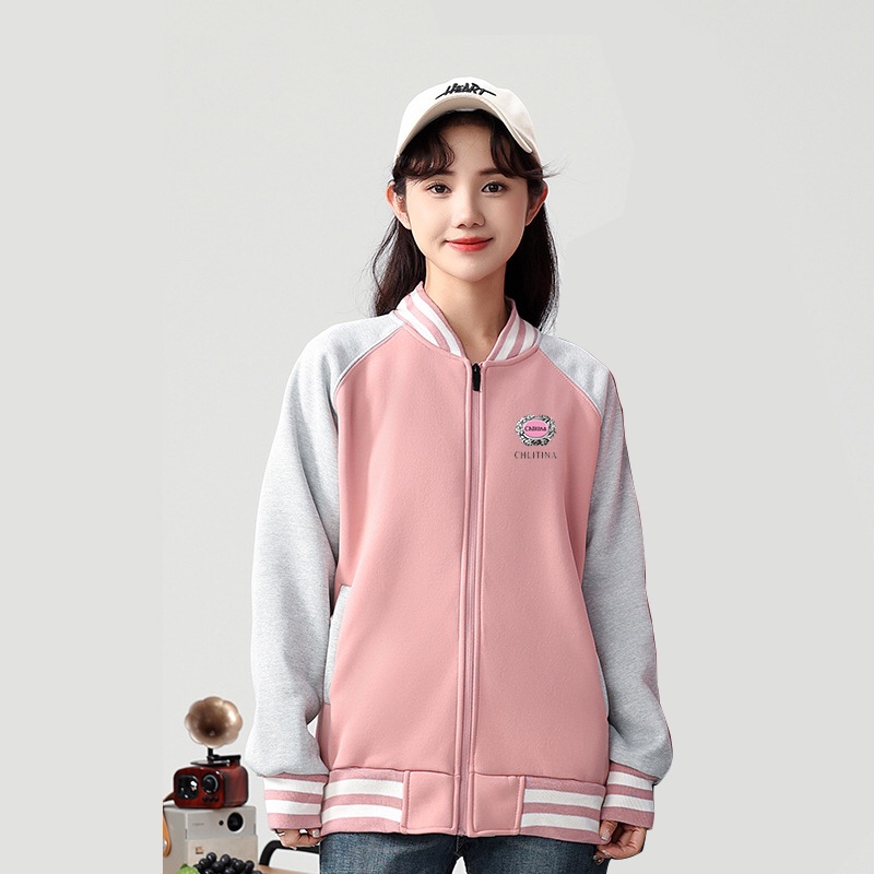 克丽缇娜秋冬拉链棒球服插肩加绒加厚外套定制开衫拼色卫衣logo