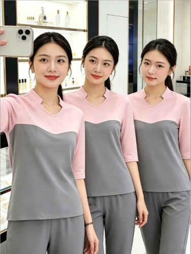 克丽缇娜工作服套装美容师七分袖与公司面料无差异s至5xL