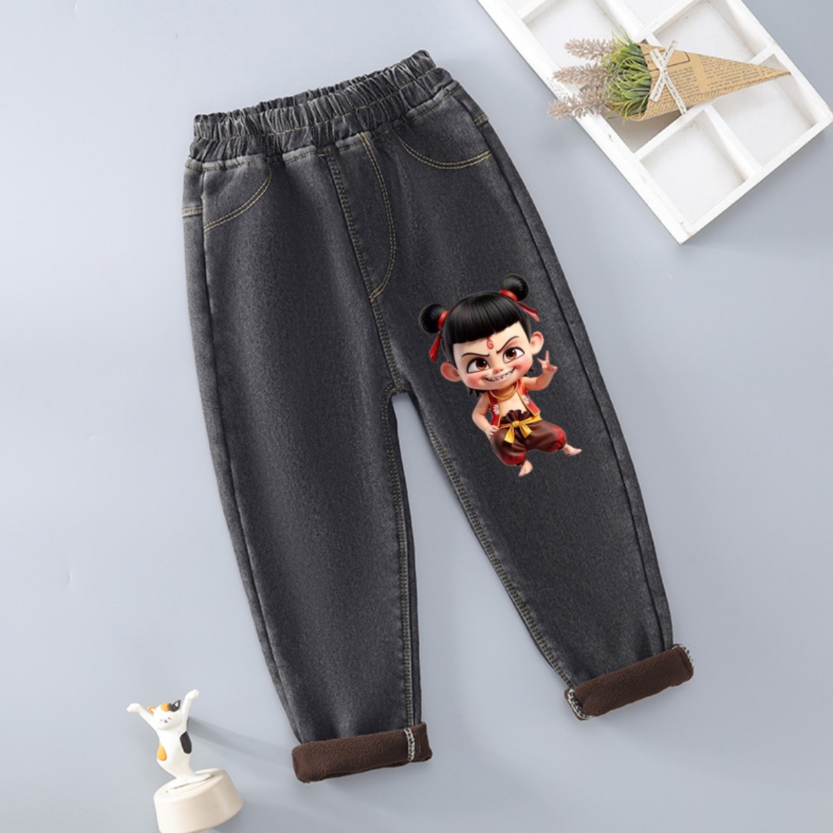 男童加绒裤子儿童加棉裤子宝宝棉裤羊羔绒裤子冬加厚一体绒牛仔裤