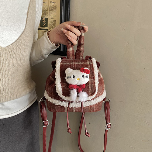 韩版呢子格子毛毛边儿童外出背包