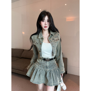 实拍 复古美式法式辣妹气质牛仔外套铆钉百褶裙荷叶边套装