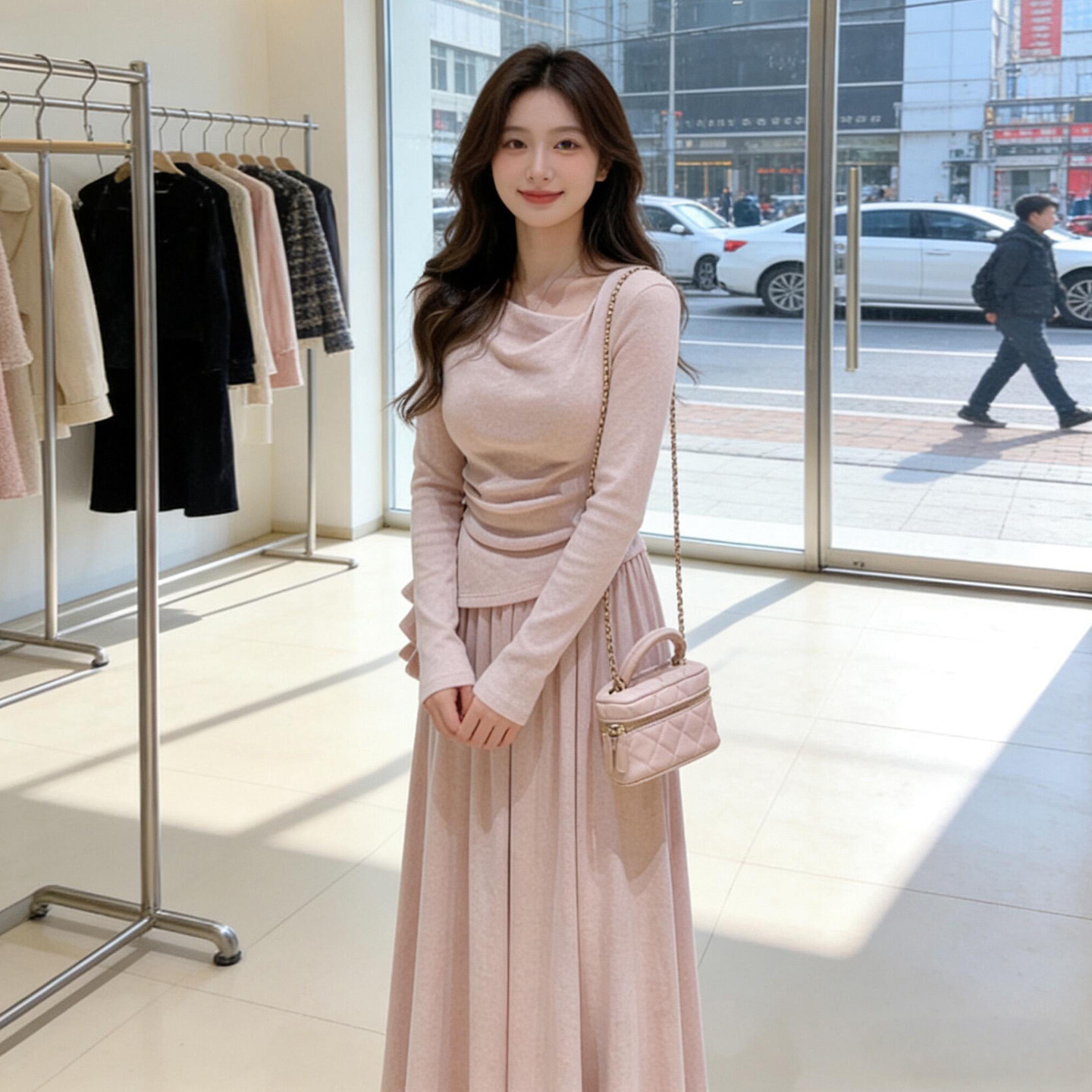韩系巨好看穿搭一整套早春2026新款粉色长袖连衣裙女长裙两件套装