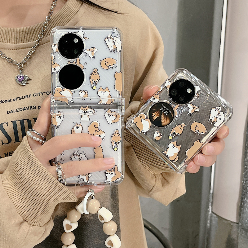ins韩风简约卡通小狗狗秋田犬适用华为p50pocket手机壳pocketS宝盒pock壳折叠屏pocket 2折叠手链保护套女款