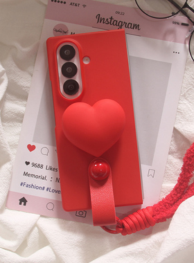 ins韩风红色立体爱心支架适用三星zfold7手机壳折叠屏fold5创意新款FOLD6手链防摔ZFold4/3个性保护套w22女款