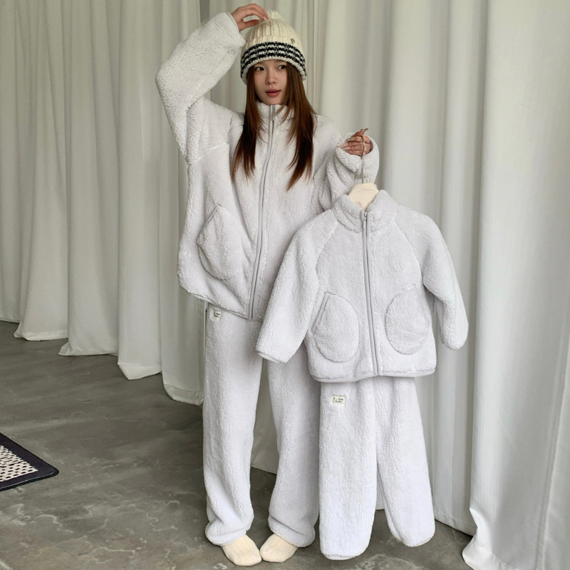 亲子装男女同款立领羊羔绒家居服套装女冬加厚加绒保暖可外穿睡衣
