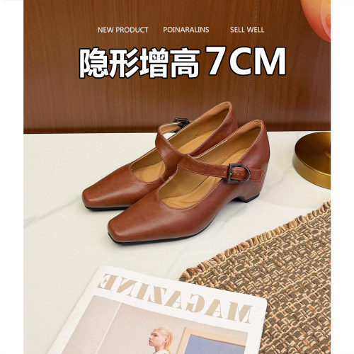 巨好看7cm内增高方头玛丽珍鞋