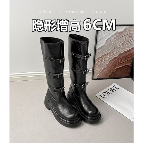 牛皮女骑士高筒靴厚底粗跟冬季