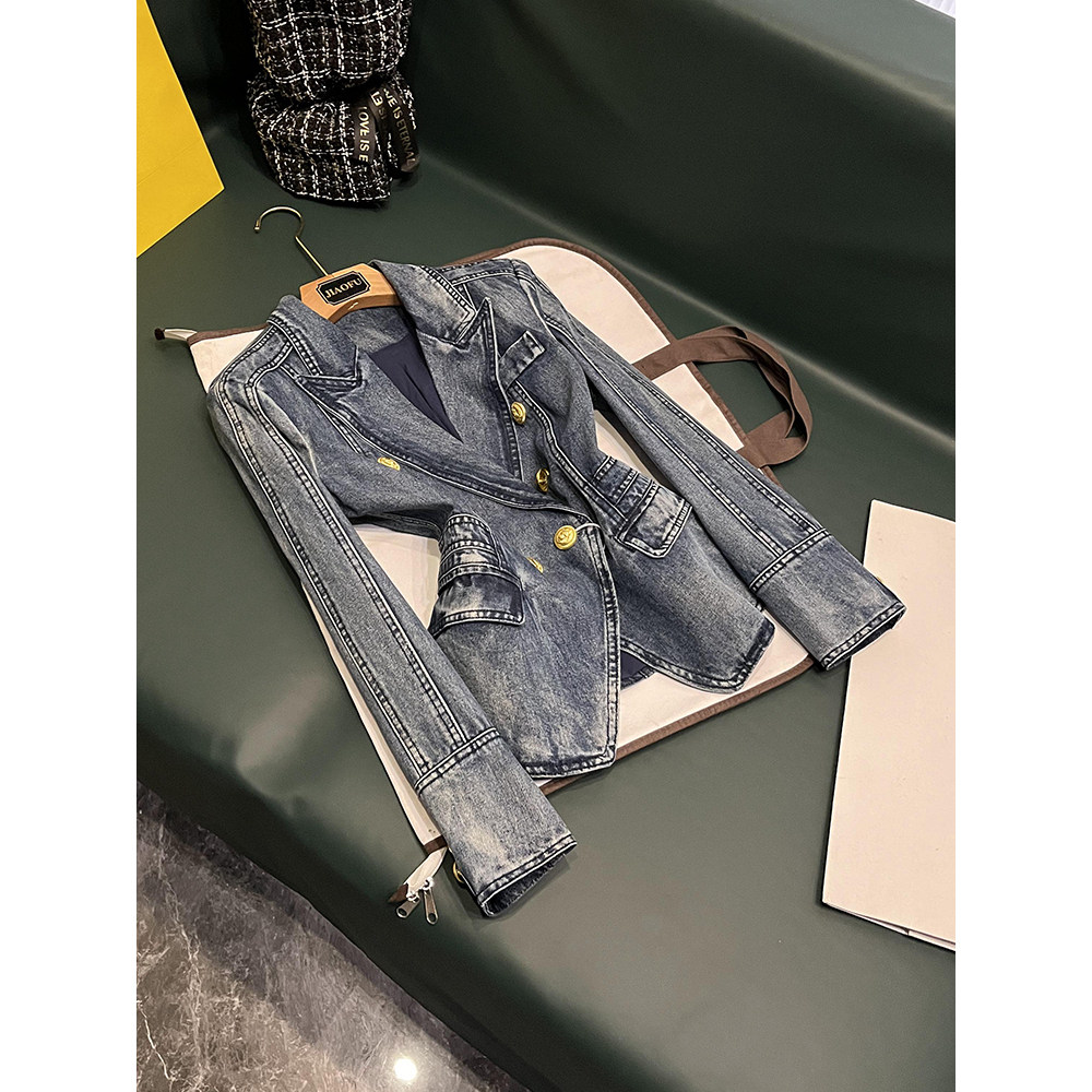 高端欧货洋气外套蓝色收腰修身双排扣牛仔西装外套西服A6661
