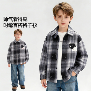IPW2026春装新款黑白格子长袖衬衫儿童休闲文艺男童宽松百搭衬衣
