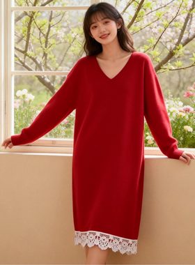 260斤特大码红色针织连衣裙女200胖mm显瘦遮肚内搭长款打底毛衣裙