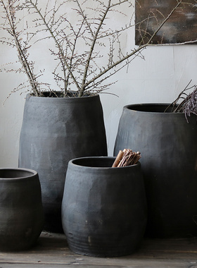 黑色陶盆大花盆艺术落地花器天堂鸟粗陶大缸侘寂风中式园艺庭院
