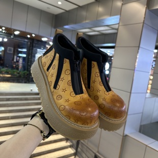 欧美风复古印花马丁靴男冬季 加绒保暖厚底增高短靴痞帅炸街大黄靴