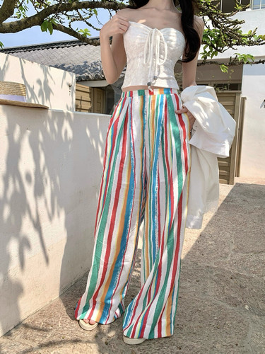ins风海边度假风2026春夏季旅游清凉显瘦阔腿彩虹条纹裤小众裤子