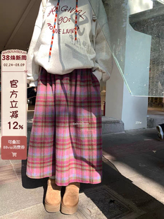 元气少女复古撞色树莓粉格高腰A字伞裙2026学院风中长款半身裙