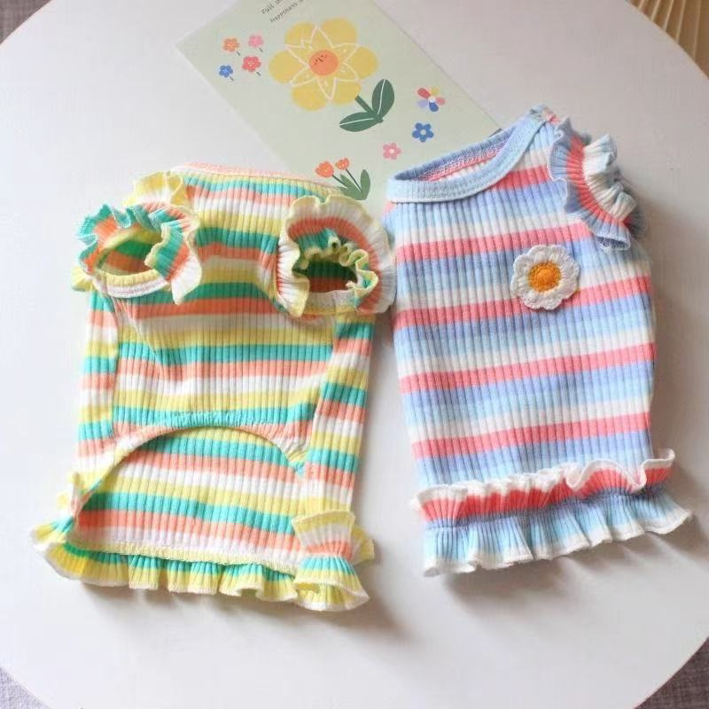 ins狗狗猫咪衣服薄款清爽宠物幼犬春夏装泰迪比熊彩条纹T恤连衣裙