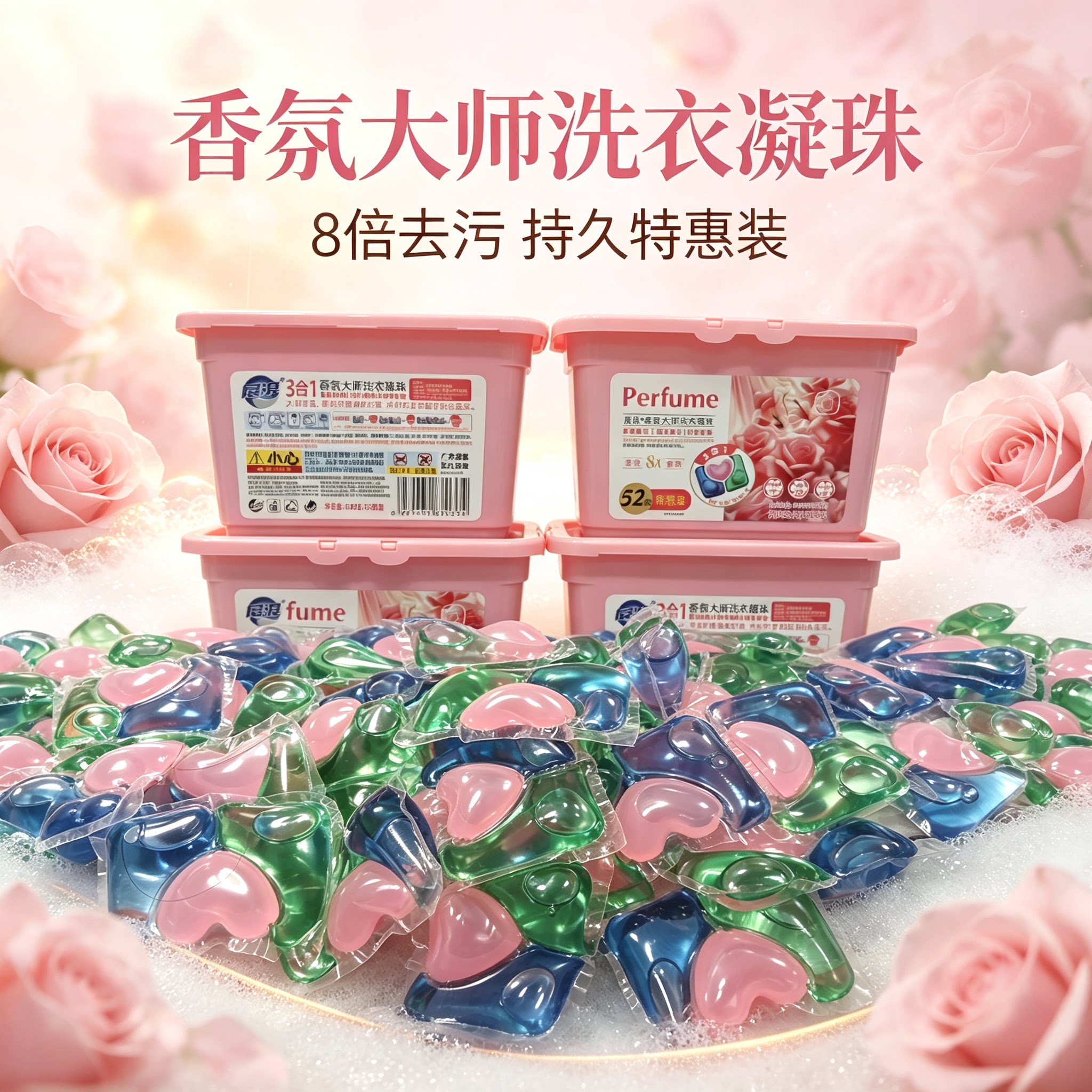 展浪52颗实惠装香氛大师洗衣凝珠三合一除螨杀菌持久留香压缩洗液