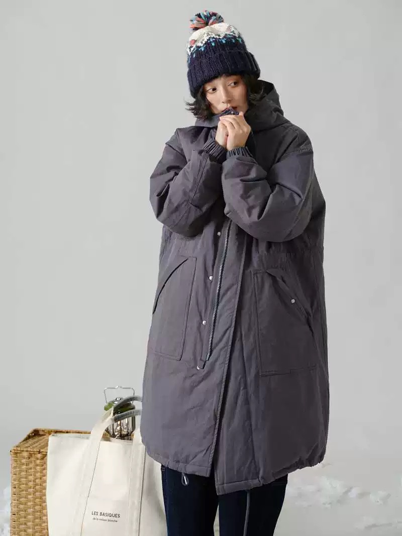 讠木2025冬新羽绒服33909 休闲文艺复古显瘦连帽中长款棉布衣外套