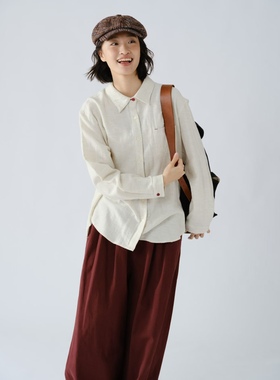 女装2025秋款新品衬衫35722休闲文艺宽松显瘦翻领棉麻长袖衬衣女