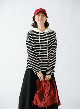 女装2025秋款新连帽长袖条纹T恤35383休闲文艺日系宽松显瘦上衣女