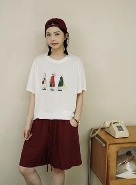 女装2025夏新款T恤35189 休闲文艺日系宽松卡通图案圆领短袖上衣