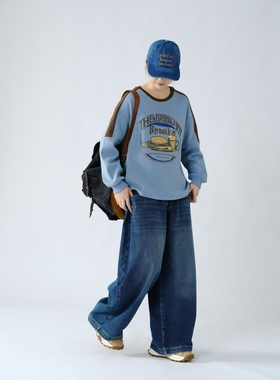 女装2025秋冬新卫衣35668休闲文艺复古宽松圆领拼色印花长袖T恤女