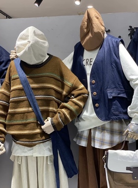 女装33353毛衣 休闲文艺圆领条纹套头日系长袖打底毛衣女