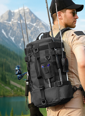 新款户外多功能防水背包男士运动旅行包钓鱼路亚包斜跨包通勤双肩