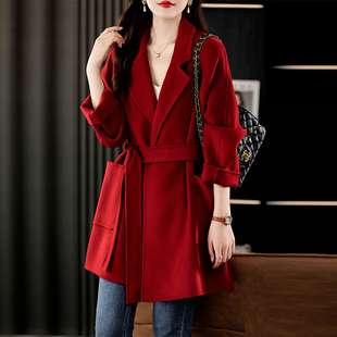 宽松腰带双面羊毛大衣中长款 领潮 秋冬高档羊毛呢面料保暖亲肤西装