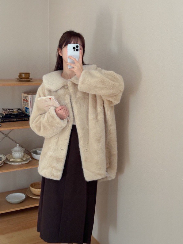 太好看了韩单秋冬小白熊宽松休闲翻领中长款皮草大衣毛毛外套女