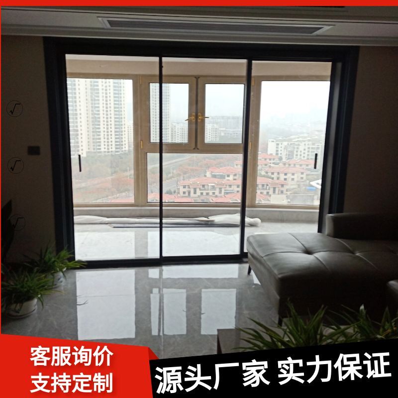 常州黑色极简钢化玻璃门吊轨三联动移门窄框长虹灰玻油砂老铁门
