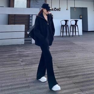 运动套装新款女装高级宽松上衣冬季两件套感加厚休闲黑色拉链时尚