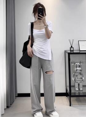 杨依姗长裤夏季直休闲裤筒裤破洞86568cec左感女子2026破洞设计