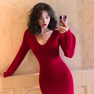 长袖连衣裙法式红色富家千金洋装裙子小宴会v场合重要领气质漂亮