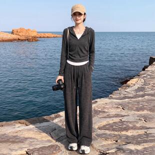 DIONK腿休闲黑新款长袖灰色潮女运动套装卫衣阔长裤春秋两件套连
