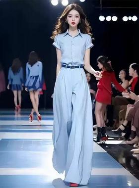 时髦阔高腰气质腿夏季衬衫短袖时尚套装82188洋气女裤新款两件套