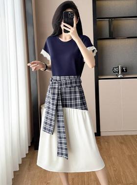 女夏现货拼接收腰3637连衣裙系带大码裙中长款格子T恤