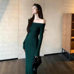 DIONK连衣裙长款的好看针织内大衣绿色裙子巨配冬天宴会肩一字搭